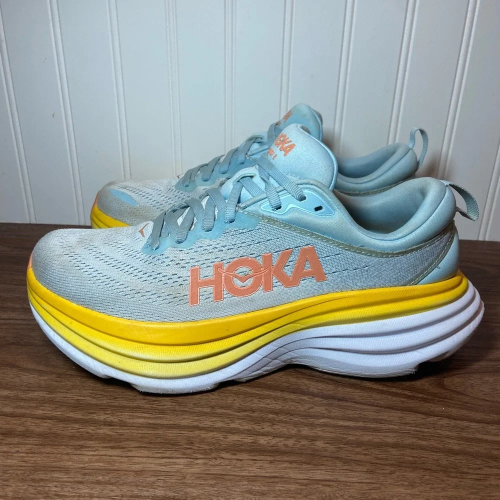 Hoka Bondi 8 Sneakers Blue Orange Yellow Low Top Lace Up Women’s 8.5 - Picture 4 of 14